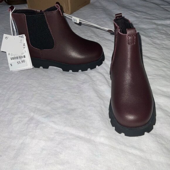 NWT Zara girl leather boots bootie dark red 27 SZ10-10.5 - Picture 1 of 5